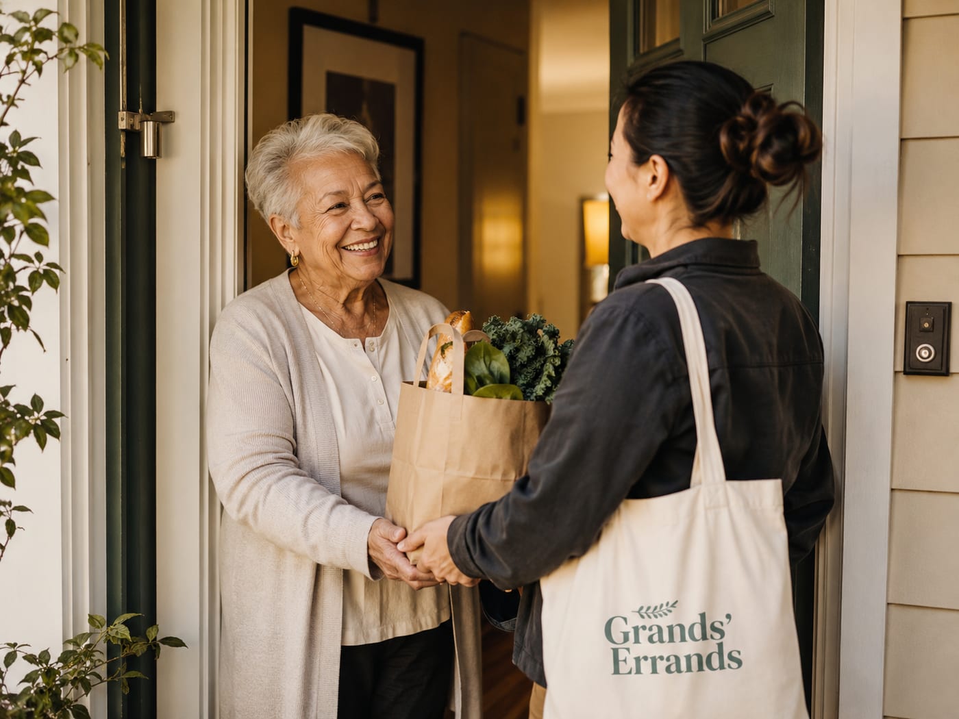 A friendly helper bringing groceries to a senior's door